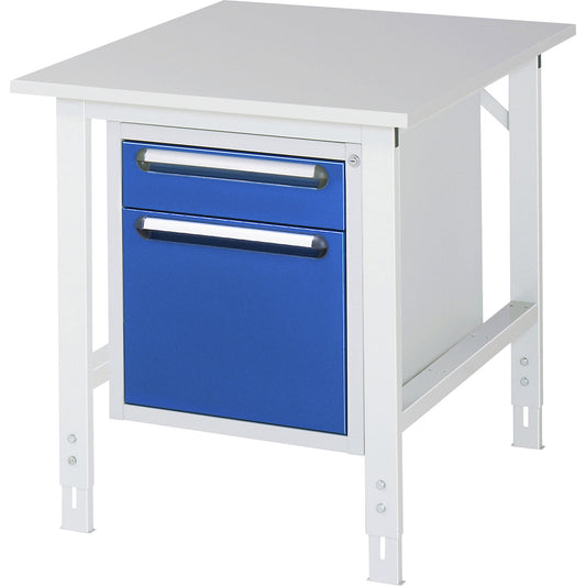 Work table with drawer cupboard, base container with 2 drawers 1 x 120, 1 x 360 mm, WxD 750 x 1000 mm, melamine panel, thickness 22 mm.