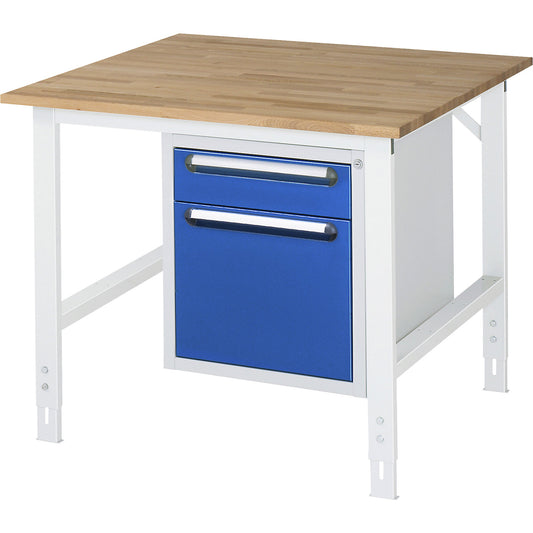 Work table with drawer cupboard, base container with 2 drawers 1 x 120, 1 x 360 mm, WxD 1000 x 1000 mm, solid beech wood panel, thickness 25 mm.
