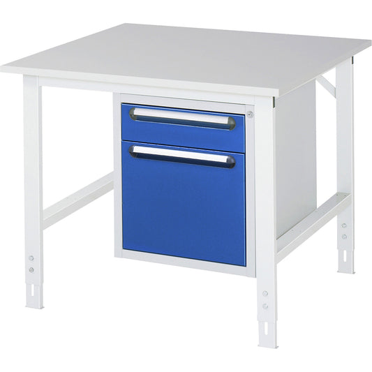 Work table with drawer cupboard, base container with 2 drawers 1 x 120, 1 x 360 mm, WxD 1000 x 1000 mm, melamine panel, thickness 22 mm.
