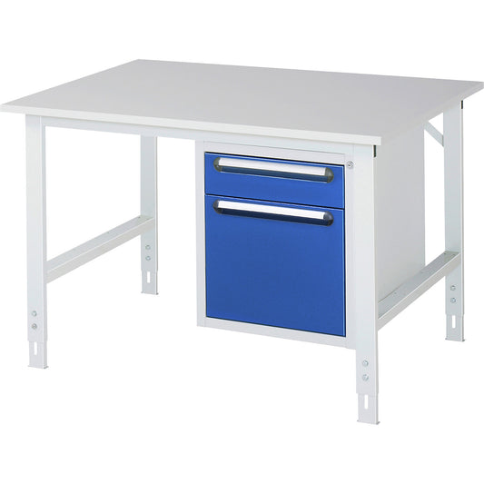Work table with drawer cupboard, base container with 2 drawers 1 x 120, 1 x 360 mm, WxD 1250 x 1000 mm, melamine panel, thickness 22 mm.