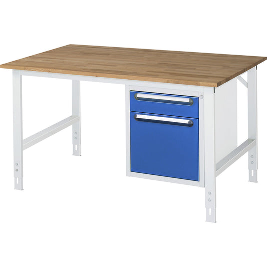 Work table with drawer cupboard, base container with 2 drawers 1 x 120, 1 x 360 mm, WxD 1500 x 1000 mm, solid beech wood panel, thickness 25 mm.