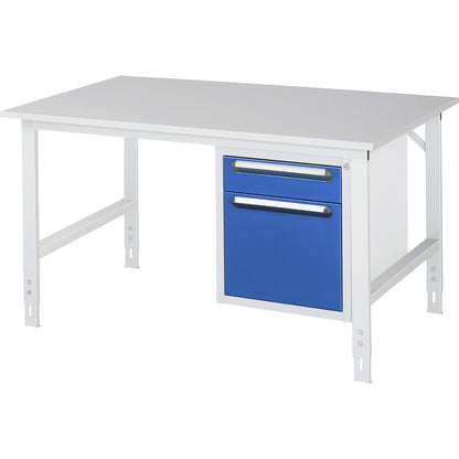 Work table with drawer cupboard, base container with 2 drawers 1 x 120, 1 x 360 mm, WxD 1500 x 1000 mm, melamine panel, thickness 22 mm.
