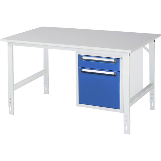 Work table with drawer cupboard, base container with 2 drawers 1 x 120, 1 x 360 mm, WxD 1500 x 1000 mm, melamine panel, thickness 22 mm.