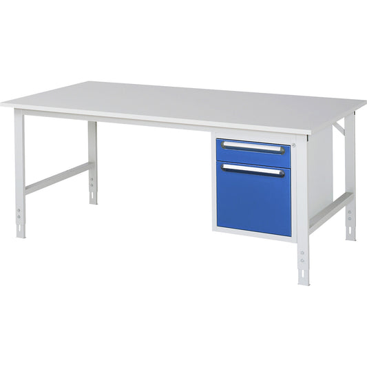 Work table with drawer cupboard, base container with 2 drawers 1 x 120, 1 x 360 mm, WxD 2000 x 1000 mm, melamine panel, thickness 22 mm.