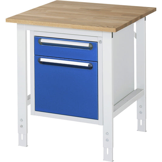 Work table with drawer cupboard, base container with 2 drawers 1 x 120, 1 x 360 mm, WxD 750 x 800 mm, solid beech wood panel, thickness 25 mm.