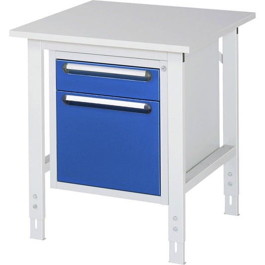 Work table with drawer cupboard, base container with 2 drawers 1 x 120, 1 x 360 mm, WxD 750 x 800 mm, melamine panel, thickness 22 mm.