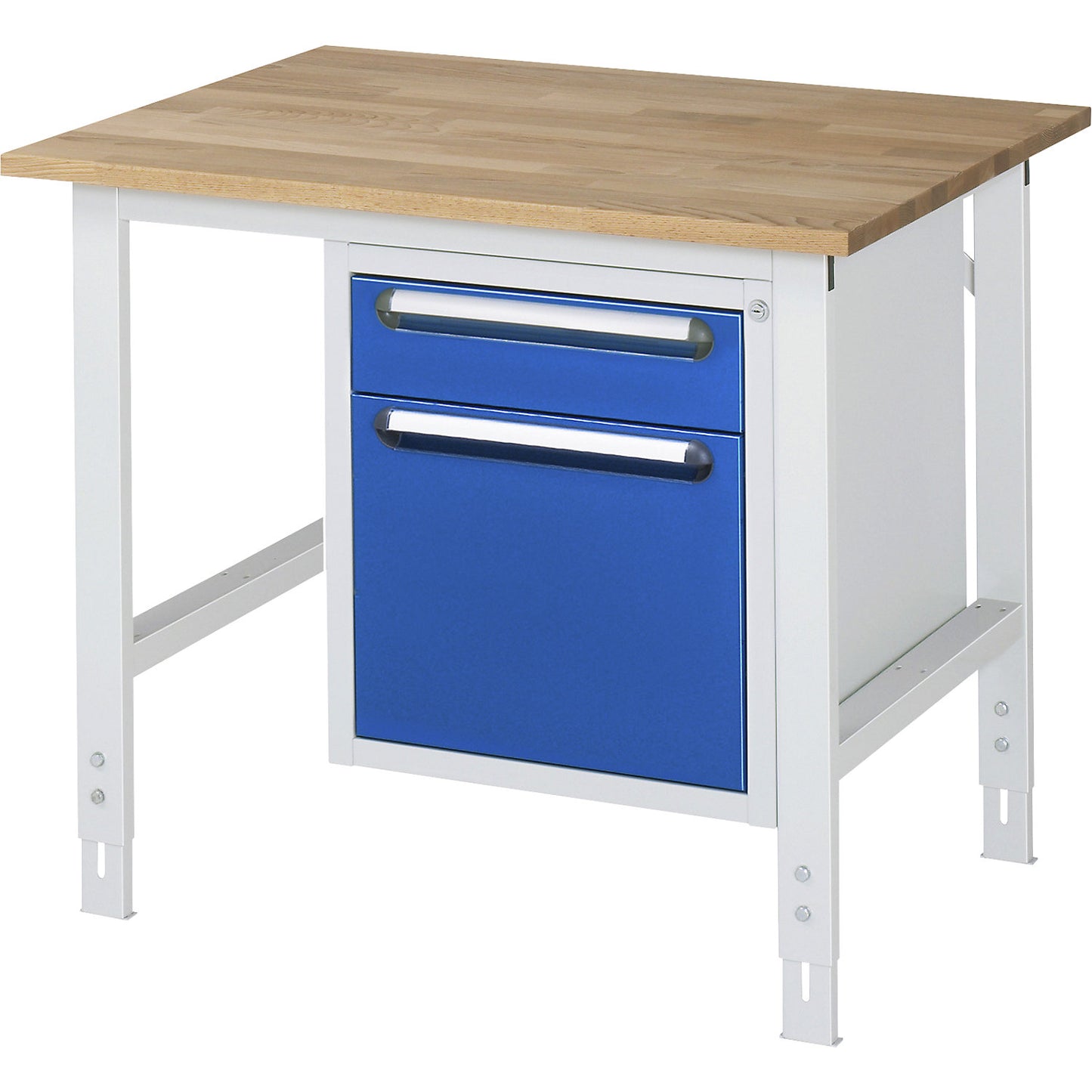 Work table with drawer cupboard, base container with 2 drawers 1 x 120, 1 x 360 mm, WxD 1000 x 800 mm, solid beech wood panel, thickness 25 mm.