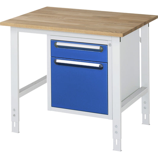Work table with drawer cupboard, base container with 2 drawers 1 x 120, 1 x 360 mm, WxD 1000 x 800 mm, solid beech wood panel, thickness 25 mm.