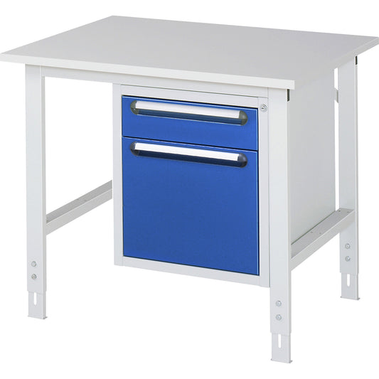 Work table with drawer cupboard, base container with 2 drawers 1 x 120, 1 x 360 mm, WxD 1000 x 800 mm, melamine panel, thickness 22 mm.