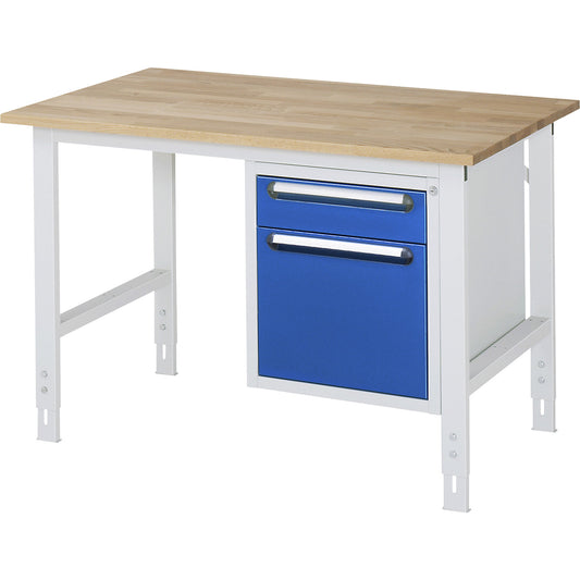 Work table with drawer cupboard, base container with 2 drawers 1 x 120, 1 x 360 mm, WxD 1250 x 800 mm, solid beech wood panel, thickness 25 mm.