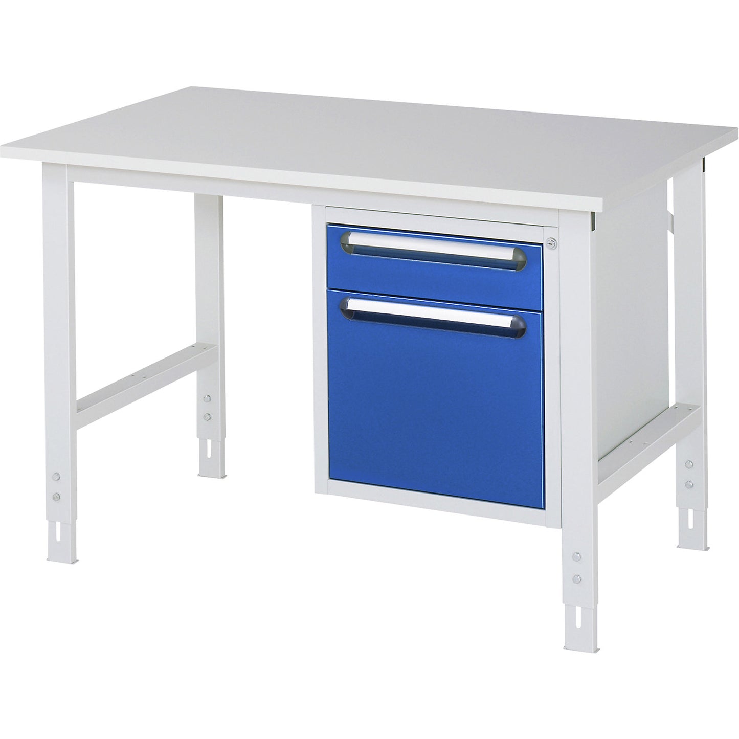 Work table with drawer cupboard, base container with 2 drawers 1 x 120, 1 x 360 mm, WxD 1250 x 800 mm, melamine panel, thickness 22 mm.