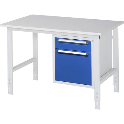 Work table with drawer cupboard, base container with 2 drawers 1 x 120, 1 x 360 mm, WxD 1250 x 800 mm, melamine panel, thickness 22 mm.