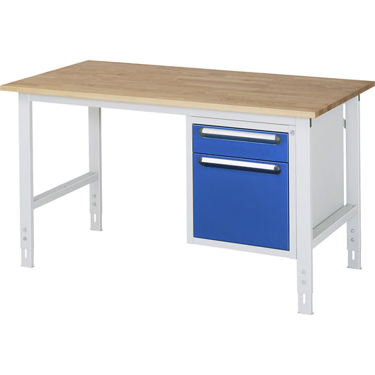 Work table with drawer cupboard, base container with 2 drawers 1 x 120, 1 x 360 mm, WxD 1500 x 800 mm, solid beech wood panel, thickness 25 mm.