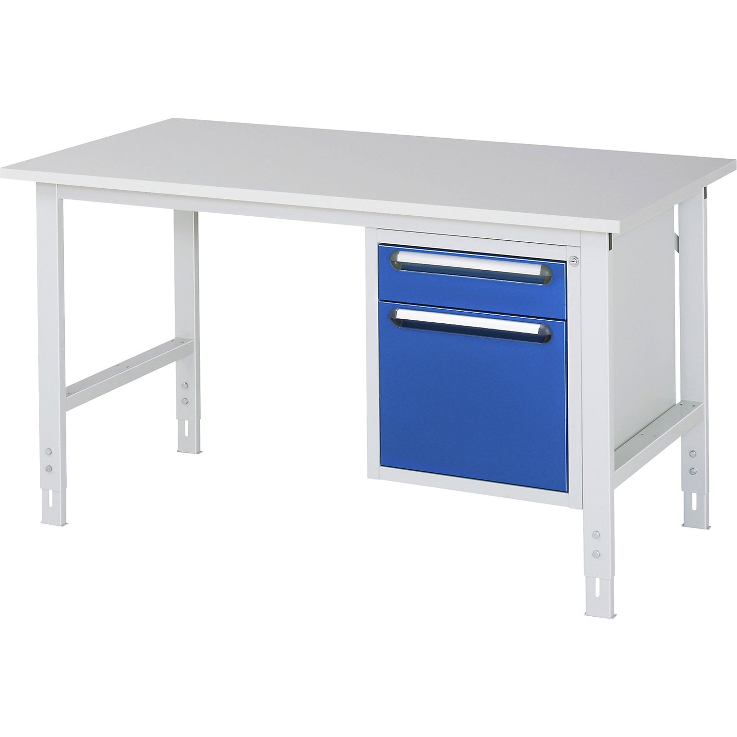 Work table with drawer cupboard, base container with 2 drawers 1 x 120, 1 x 360 mm, WxD 1500 x 800 mm, melamine panel, thickness 22 mm.