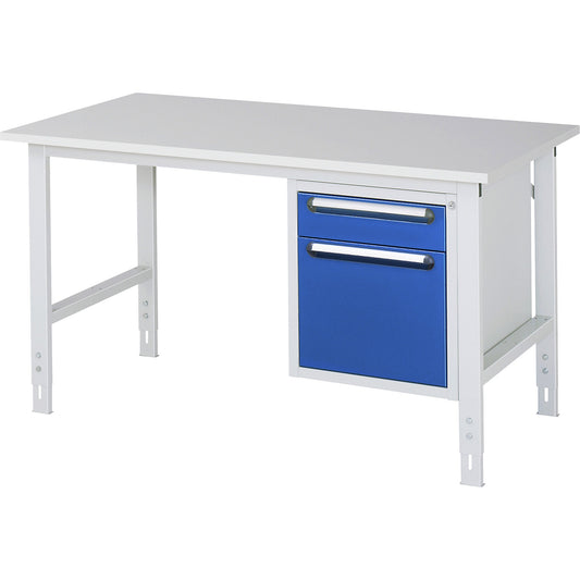 Work table with drawer cupboard, base container with 2 drawers 1 x 120, 1 x 360 mm, WxD 1500 x 800 mm, melamine panel, thickness 22 mm.
