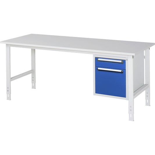 Work table with drawer cupboard, base container with 2 drawers 1 x 120, 1 x 360 mm, WxD 2000 x 800 mm, melamine panel, thickness 22 mm.