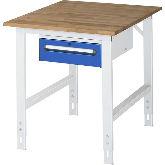 Work table with drawer cupboard, base container with 1 drawer 150 mm, WxD 750 x 1000 mm, solid beech wood panel, thickness 25 mm.