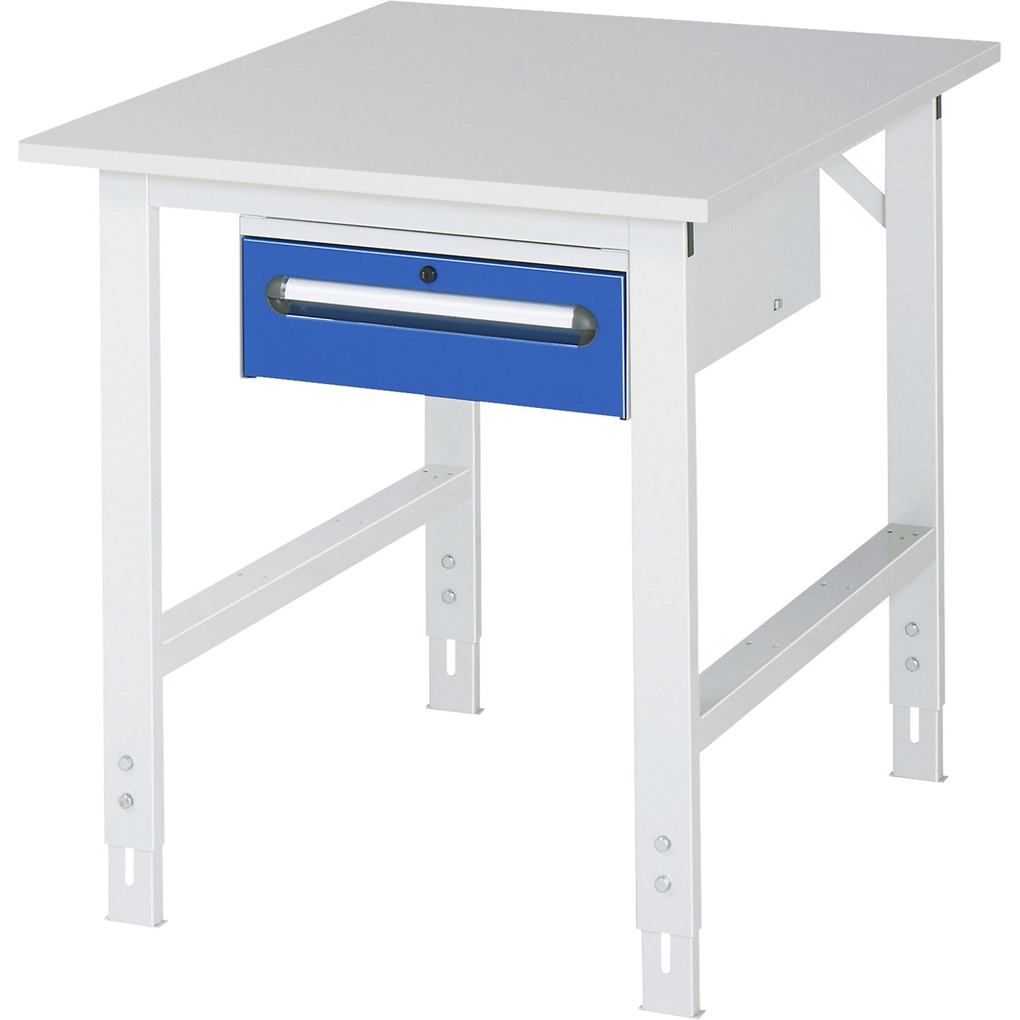 Work table with drawer cupboard, base container with 1 drawer 150 mm, WxD 750 x 1000 mm, melamine panel, thickness 22 mm.