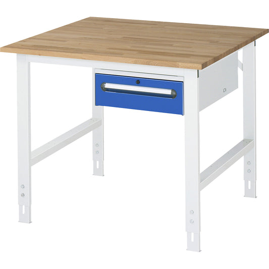 Work table with drawer cupboard, base container with 1 drawer 150 mm, WxD 1000 x 1000 mm, solid beech wood panel, thickness 25 mm.
