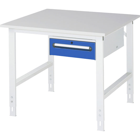 Work table with drawer cupboard, base container with 1 drawer 150 mm, WxD 1000 x 1000 mm, melamine panel, thickness 22 mm.