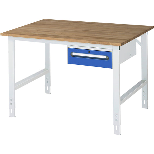 Work table with drawer cupboard, base container with 1 drawer 150 mm, WxD 1250 x 1000 mm, solid beech wood panel, thickness 25 mm.