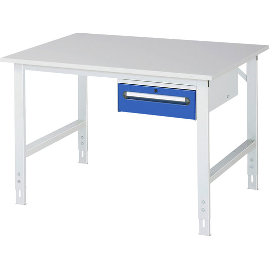 Work table with drawer cupboard, base container with 1 drawer 150 mm, WxD 1250 x 1000 mm, melamine panel, thickness 22 mm.