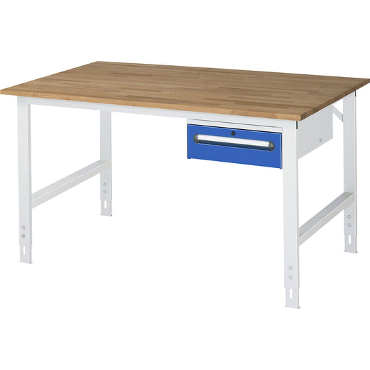 Work table with drawer cupboard, base container with 1 drawer 150 mm, WxD 1500 x 1000 mm, solid beech wood panel, thickness 25 mm.