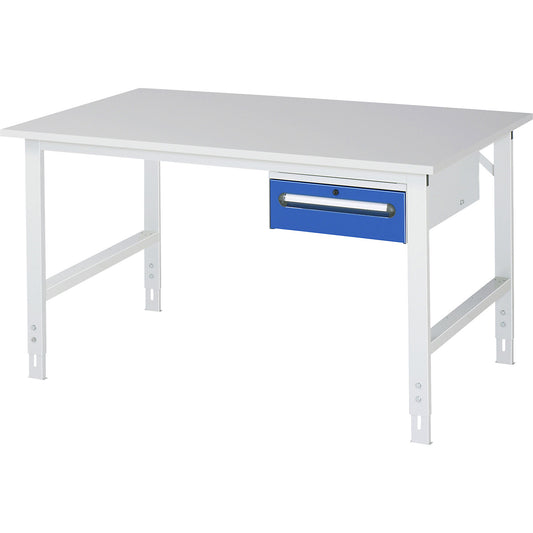 Work table with drawer cupboard, base container with 1 drawer 150 mm, WxD 1500 x 1000 mm, melamine panel, thickness 22 mm.
