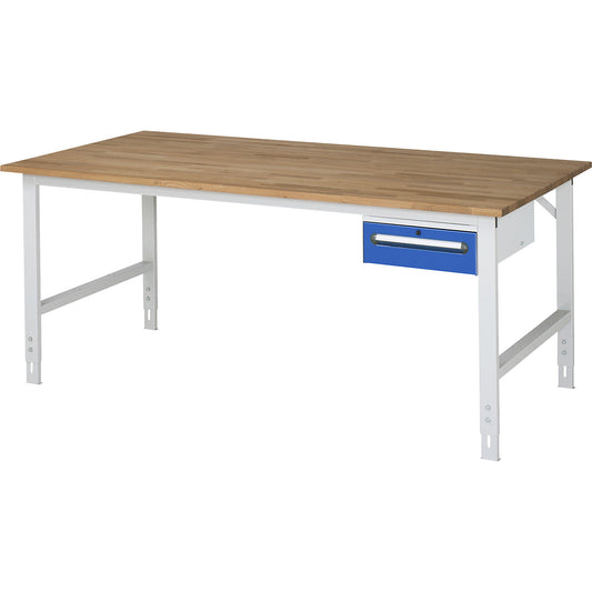 Work table with drawer cupboard, base container with 1 drawer 150 mm, WxD 2000 x 1000 mm, solid beech wood panel, thickness 25 mm.