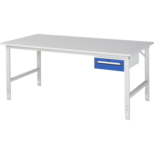 Work table with drawer cupboard, base container with 1 drawer 150 mm, WxD 2000 x 1000 mm, melamine panel, thickness 22 mm.