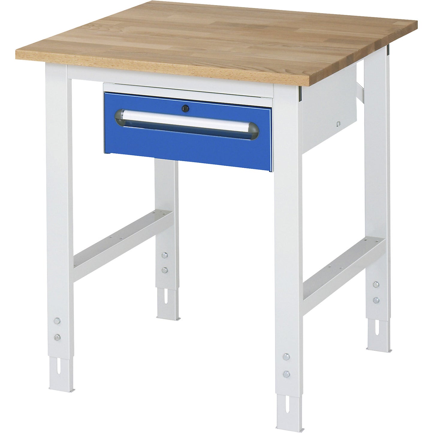 Work table with drawer cupboard, base container with 1 drawer 150 mm, WxD 750 x 800 mm, solid beech wood panel, thickness 25 mm.