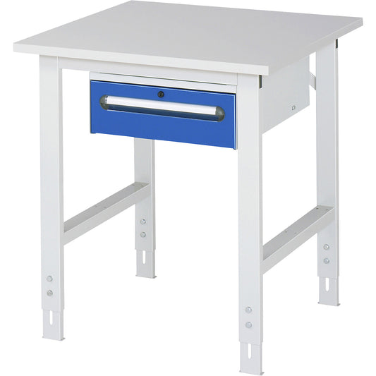 Work table with drawer cupboard, base container with 1 drawer 150 mm, WxD 750 x 800 mm, melamine panel, thickness 22 mm.