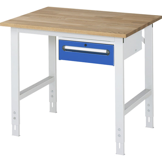 Work table with drawer cupboard, base container with 1 drawer 150 mm, WxD 1000 x 800 mm, solid beech wood panel, thickness 25 mm.