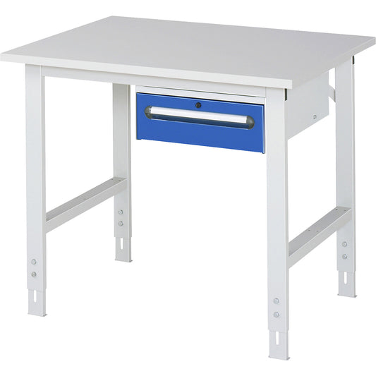 Work table with drawer cupboard, base container with 1 drawer 150 mm, WxD 1000 x 800 mm, melamine panel, thickness 22 mm.