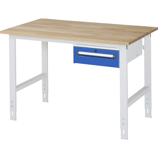 Work table with drawer cupboard, base container with 1 drawer 150 mm, WxD 1250 x 800 mm, solid beech wood panel, thickness 25 mm.