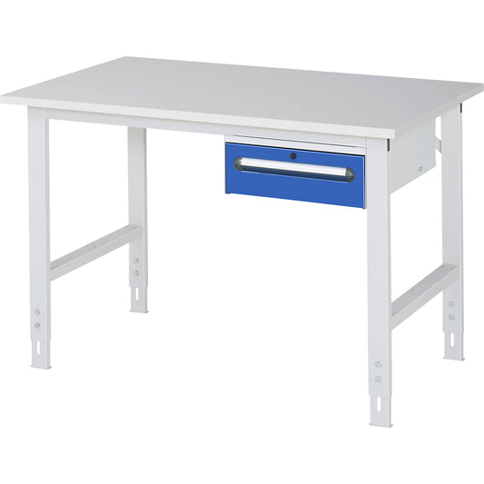 Work table with drawer cupboard, base container with 1 drawer 150 mm, WxD 1250 x 800 mm, melamine panel, thickness 22 mm.
