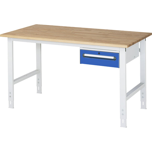 Work table with drawer cupboard, base container with 1 drawer 150 mm, WxD 1500 x 800 mm, solid beech wood panel, thickness 25 mm.
