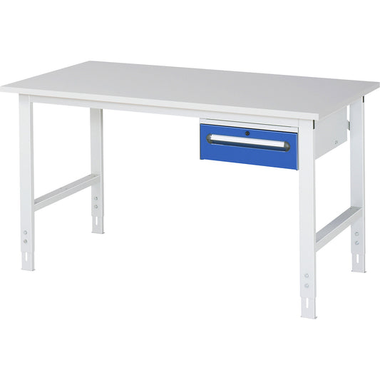 Work table with drawer cupboard, base container with 1 drawer 150 mm, WxD 1500 x 800 mm, melamine panel, thickness 22 mm.