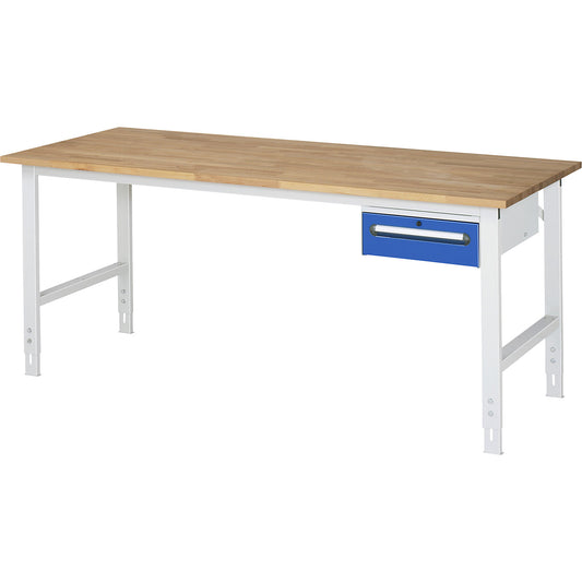 Work table with drawer cupboard, base container with 1 drawer 150 mm, WxD 2000 x 800 mm, solid beech wood panel, thickness 25 mm.