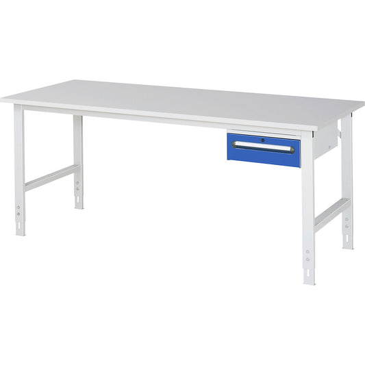 Work table with drawer cupboard, base container with 1 drawer 150 mm, WxD 2000 x 800 mm, melamine panel, thickness 22 mm.