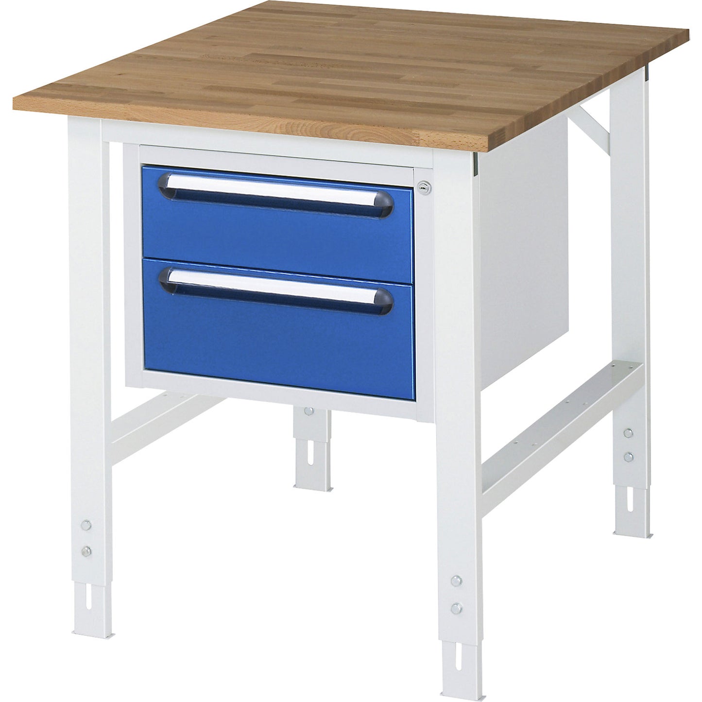 Work table with drawer cupboard, base container with 2 drawers 1 x 150, 1 x 180 mm, WxD 750 x 1000 mm, solid beech wood panel, thickness 25 mm.