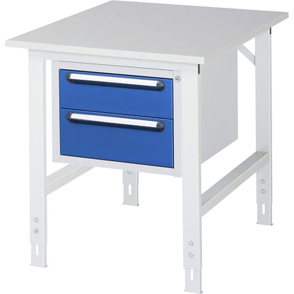 Work table with drawer cupboard, base container with 2 drawers 1 x 150, 1 x 180 mm, WxD 750 x 1000 mm, melamine panel, thickness 22 mm.