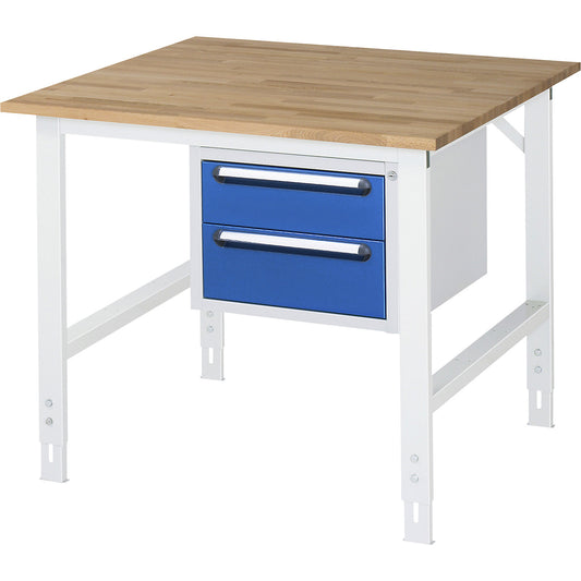 Work table with drawer cupboard, base container with 2 drawers 1 x 150, 1 x 180 mm, WxD 1000 x 1000 mm, solid beech wood panel, thickness 25 mm.