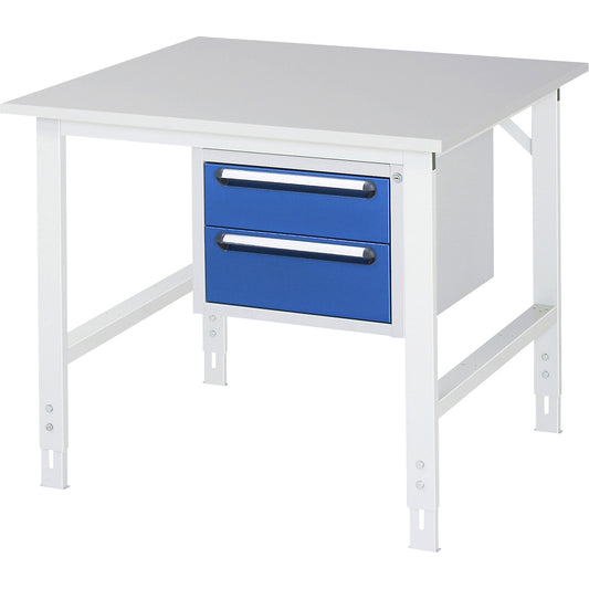 Work table with drawer cupboard, base container with 2 drawers 1 x 150, 1 x 180 mm, WxD 1000 x 1000 mm, melamine panel, thickness 22 mm.