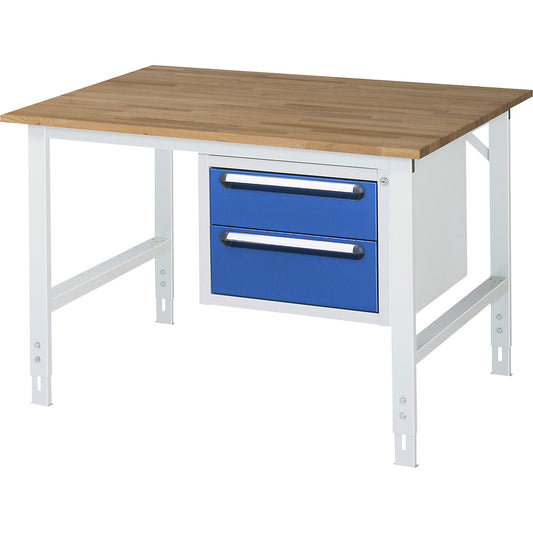 Work table with drawer cupboard, base container with 2 drawers 1 x 150, 1 x 180 mm, WxD 1250 x 1000 mm, solid beech wood panel, thickness 25 mm.