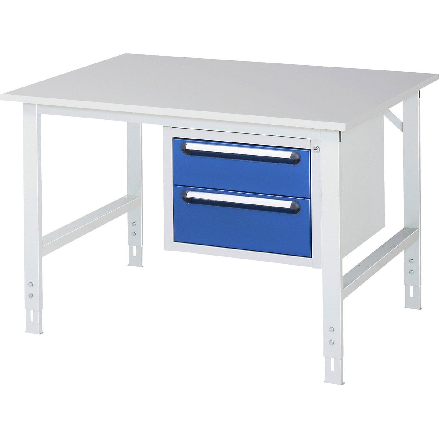 Work table with drawer cupboard, base container with 2 drawers 1 x 150, 1 x 180 mm, WxD 1250 x 1000 mm, melamine panel, thickness 22 mm.