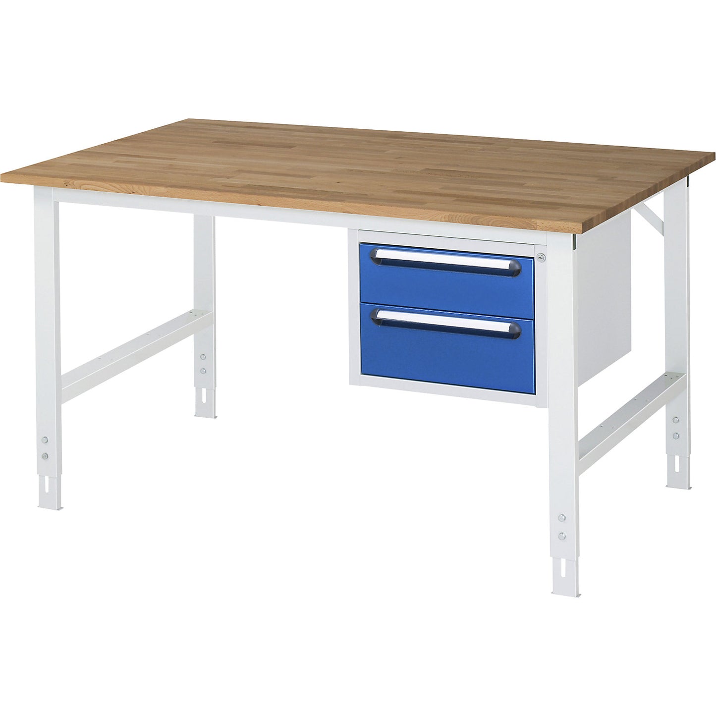 Work table with drawer cupboard, base container with 2 drawers 1 x 150, 1 x 180 mm, WxD 1500 x 1000 mm, solid beech wood panel, thickness 25 mm.