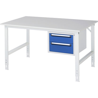 Work table with drawer cupboard, base container with 2 drawers 1 x 150, 1 x 180 mm, WxD 1500 x 1000 mm, melamine panel, thickness 22 mm.