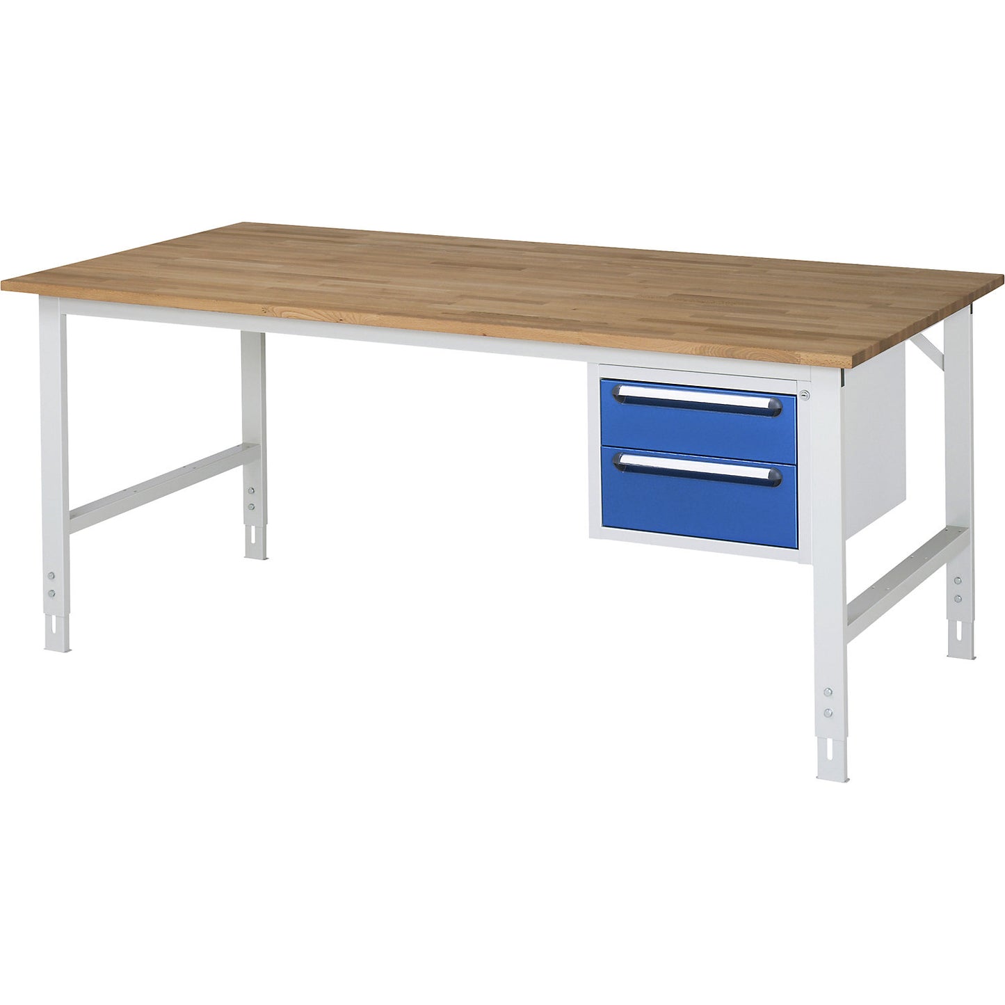 Work table with drawer cupboard, base container with 2 drawers 1 x 150, 1 x 180 mm, WxD 2000 x 1000 mm, solid beech wood panel, thickness 25 mm.