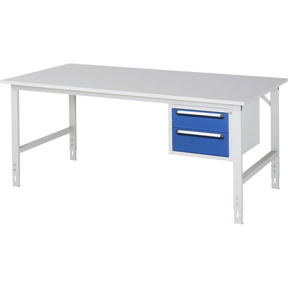 Work table with drawer cupboard, base container with 2 drawers 1 x 150, 1 x 180 mm, WxD 2000 x 1000 mm, melamine panel, thickness 22 mm.